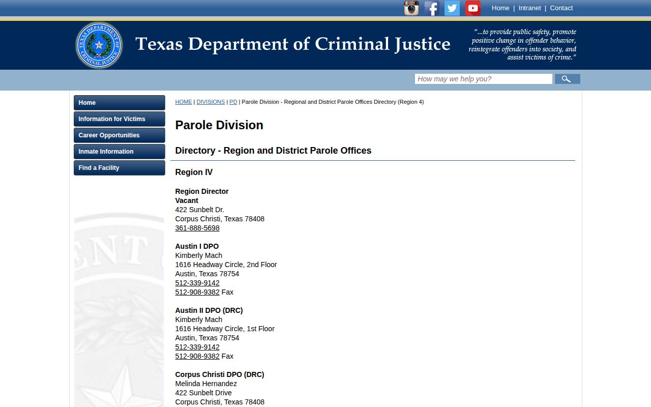 McMullen County parole release Region IV office directory