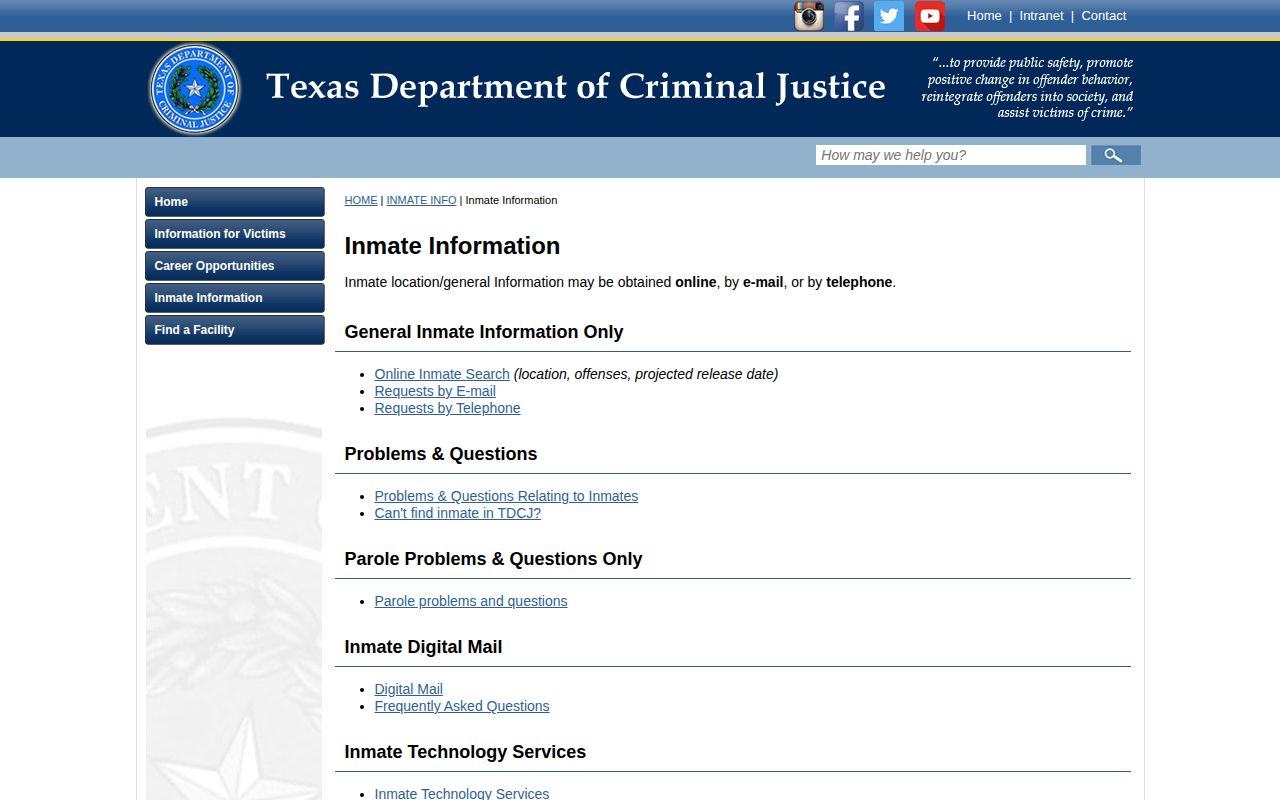 TDCJ-CID official inmate and release information choices